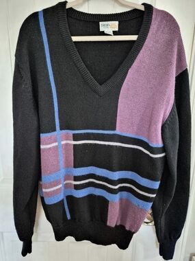 Vintage 80s Izod 100% Wool V-Neck Colorblock Sweater Size L Grunge Emo Dadcore